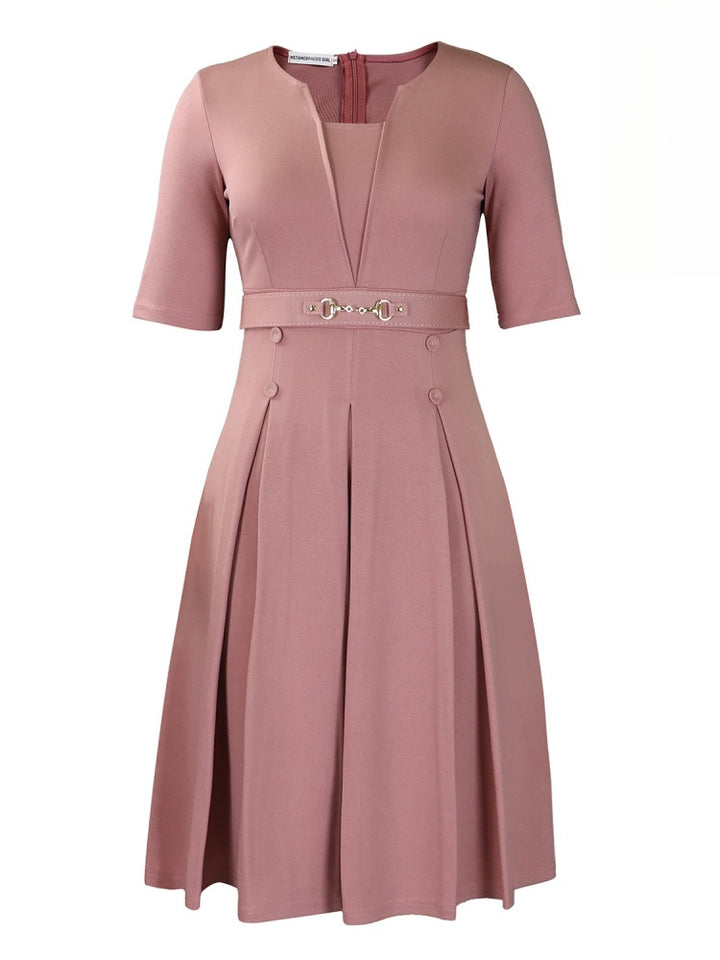 Gold Buckle Waist A-Line Work Dress