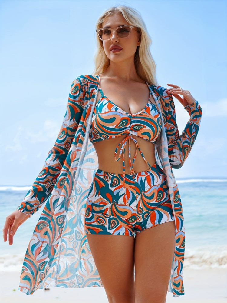 Floral Print 3-Piece Swimsuit Set – Chic Crop Top, High-Waist Shorts & Sheer Cover-Up