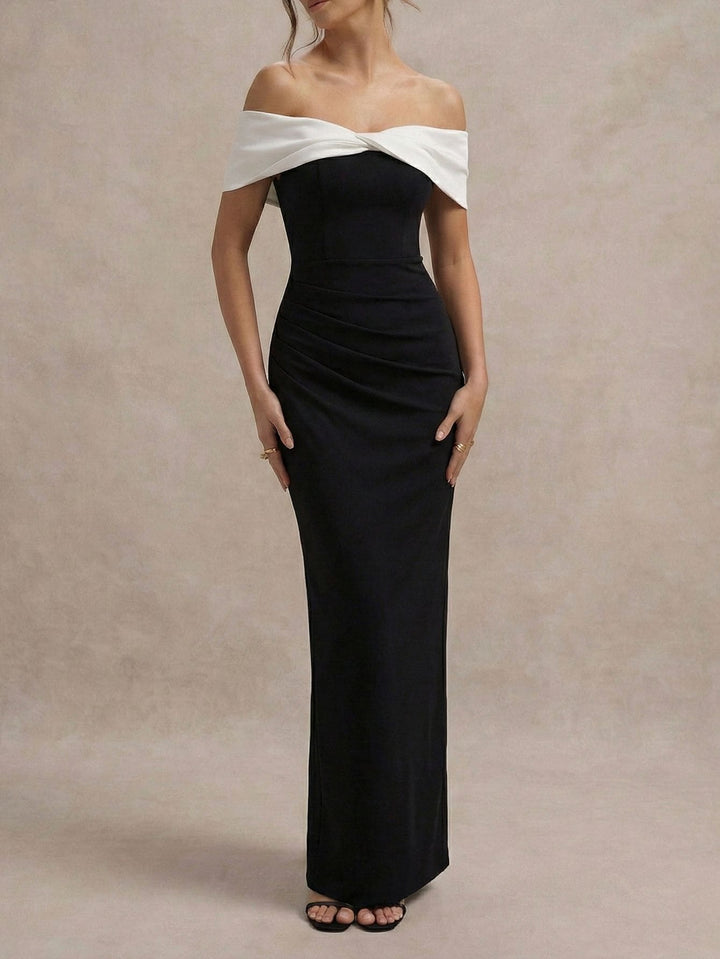 Black and white patchwork off-shoulder bodycon maxi dress