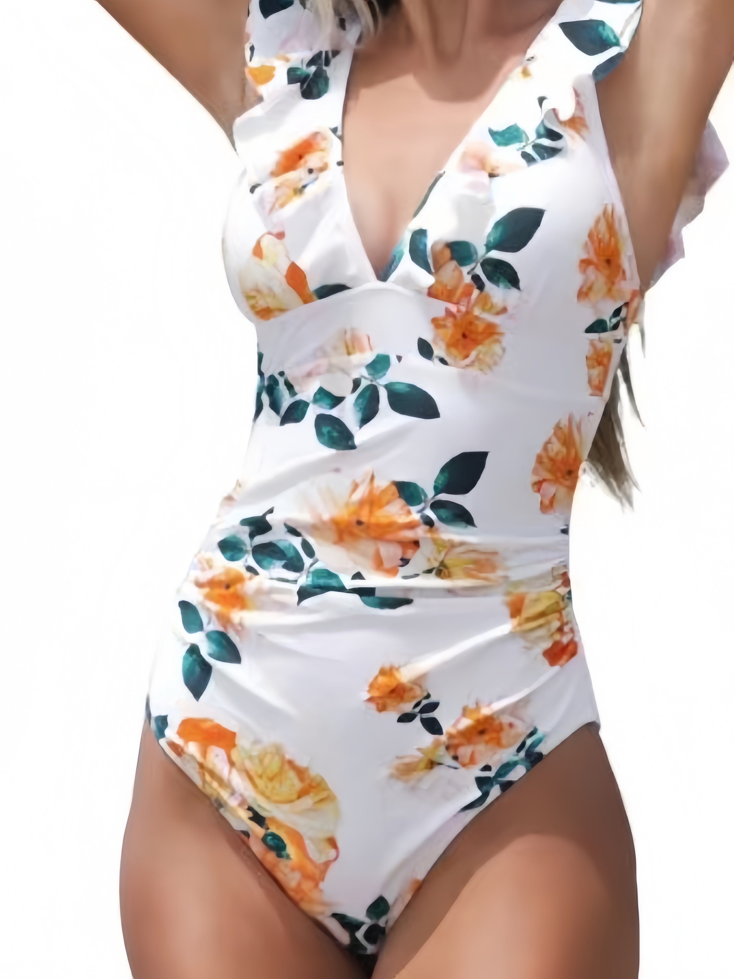Ruffle V-Neck One Piece Swimsuit – Tummy Control Floral Swimwear