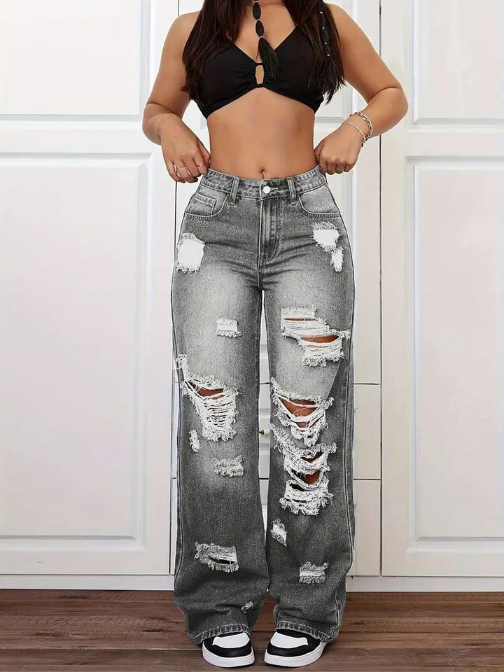 Retro distressed washed high-waisted straight leg jeans