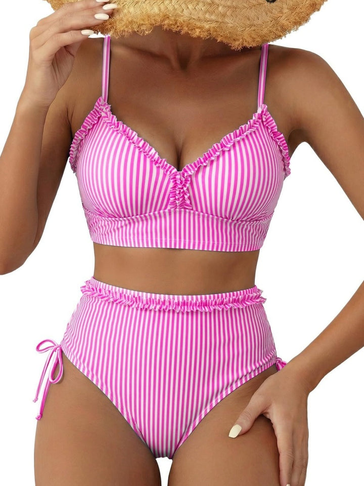 Ruffle Trim Striped High Waisted Bikini Set
