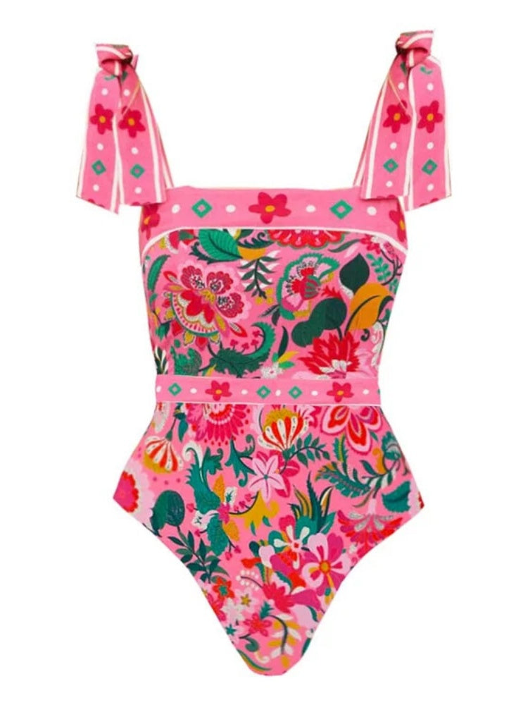 Vibrant Floral Tie Shoulder One Piece Swimsuit &amp; Tiered Maxi Skirt Set