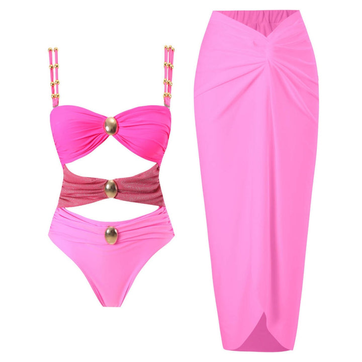 Beaded Strap Cutout Twist Front Swimsuit &amp; Wrap Skirt Set