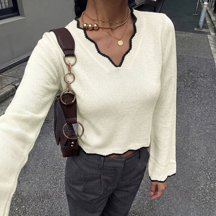 Color-blocked V-neck short-sleeved long-sleeved sweater with wavy trim