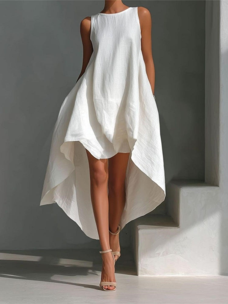 Sleeveless cotton-linen dress with a high-low hem