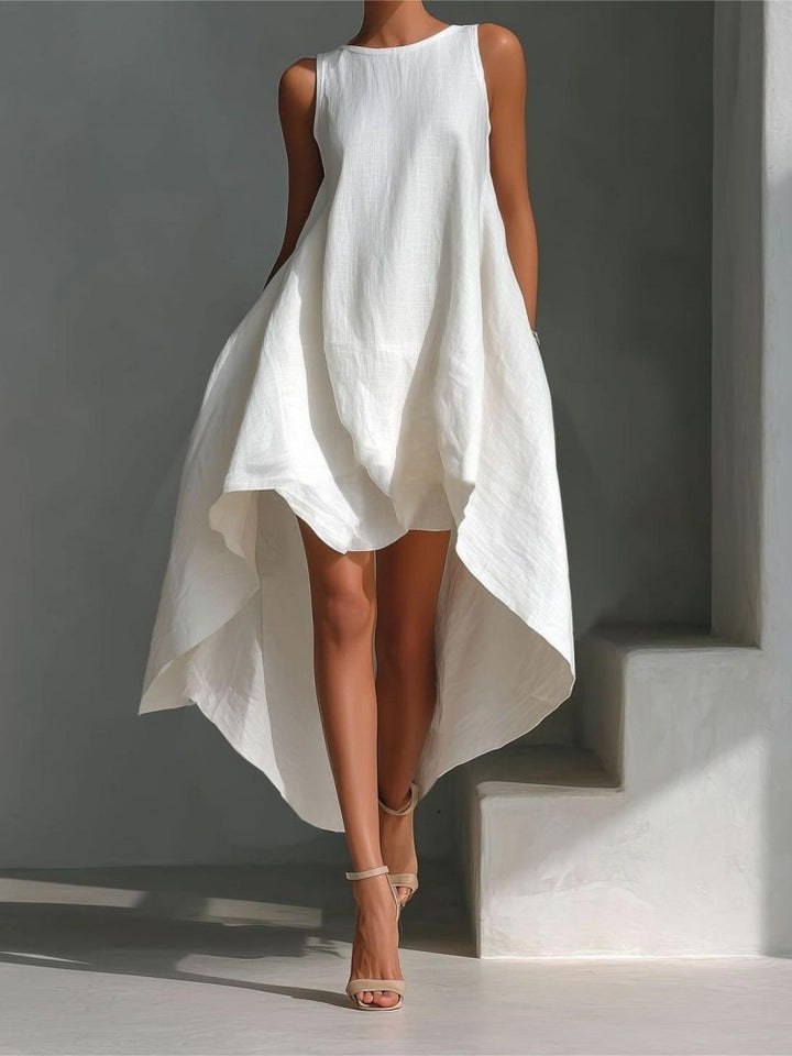Sleeveless cotton-linen dress with a high-low hem