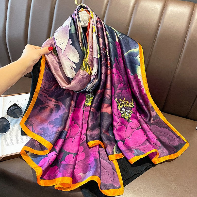Luxury Floral Print Satin Silk Scarf