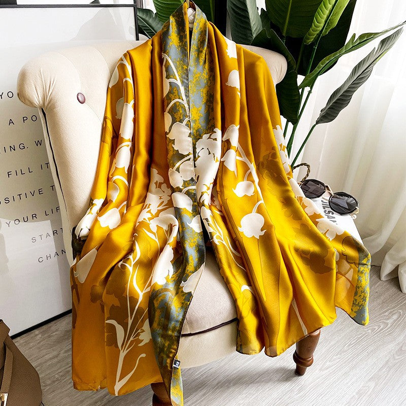 Luxury Floral Print Satin Silk Scarf