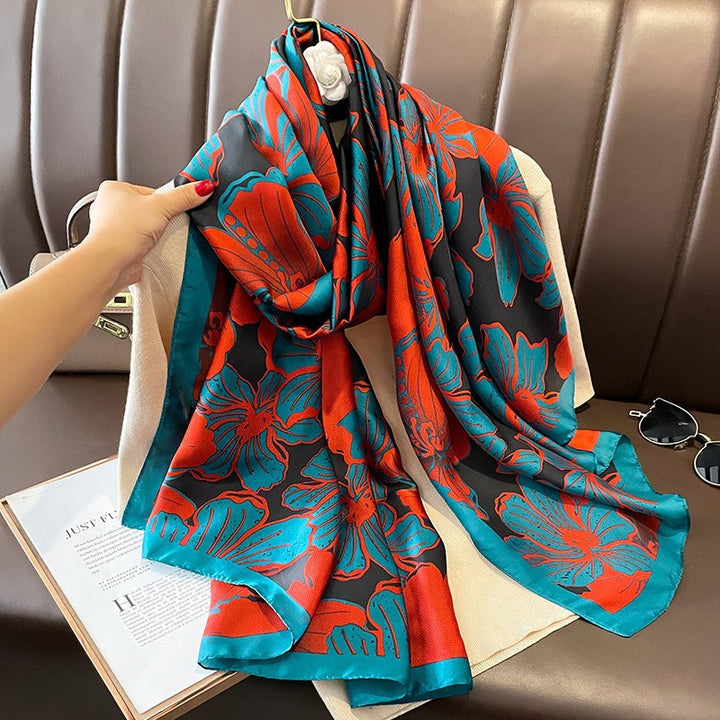 Luxury Floral Print Satin Silk Scarf