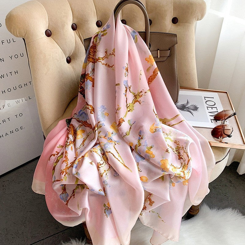 Luxury Floral Print Satin Silk Scarf