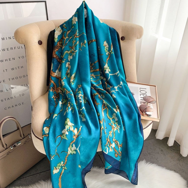 Luxury Floral Print Satin Silk Scarf
