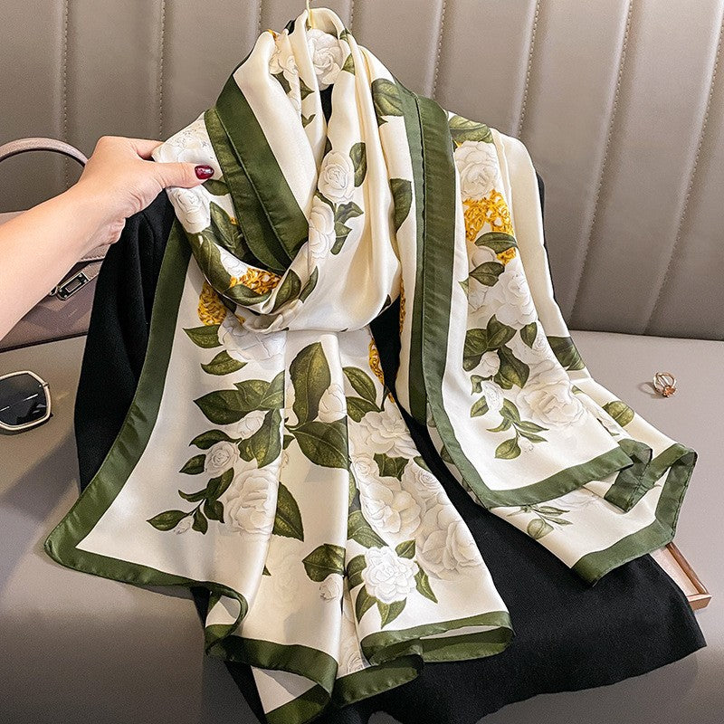 Luxury Floral Print Satin Silk Scarf