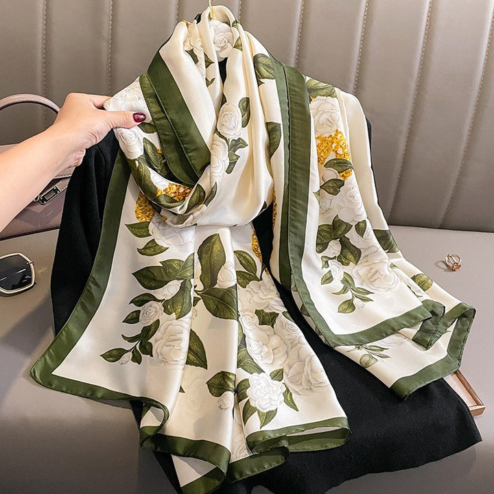 Luxury Floral Print Satin Silk Scarf