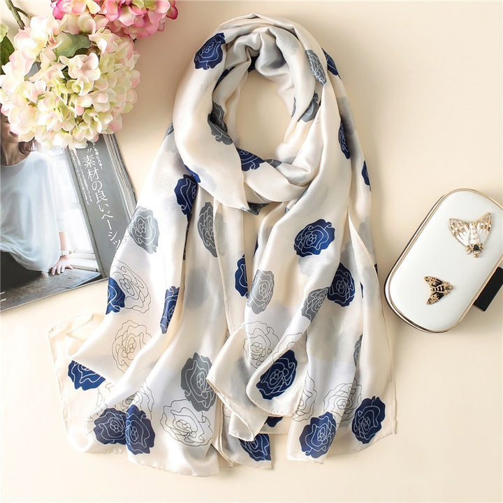 Luxury Floral Print Satin Silk Scarf