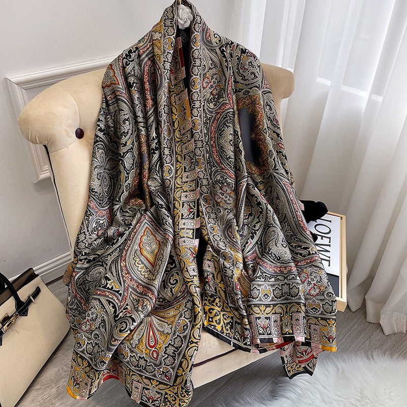 Luxury Floral Print Satin Silk Scarf
