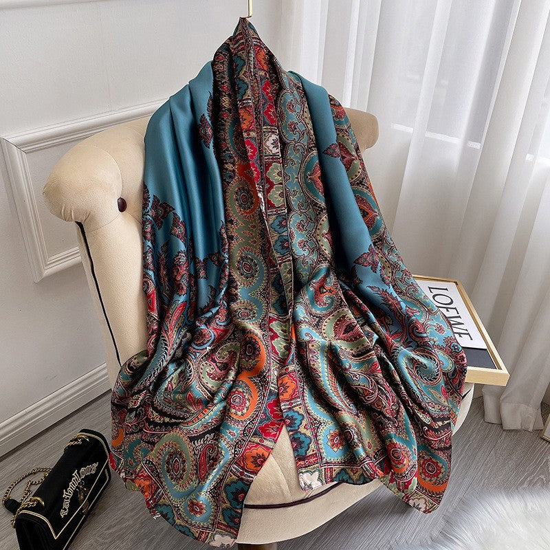 Luxury Floral Print Satin Silk Scarf