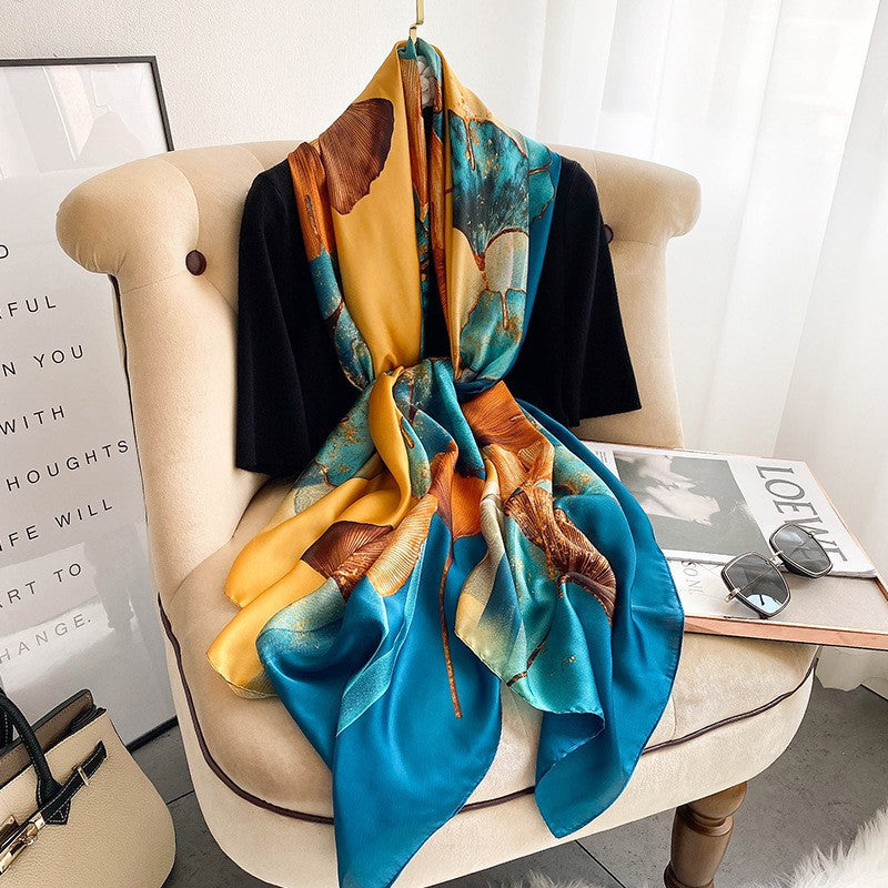 Luxury Floral Print Satin Silk Scarf