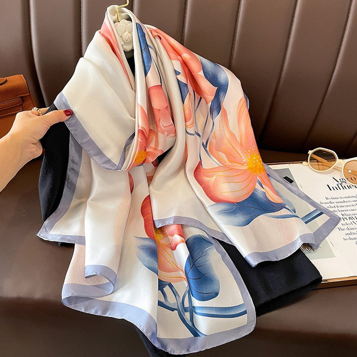 Luxury Floral Print Satin Silk Scarf