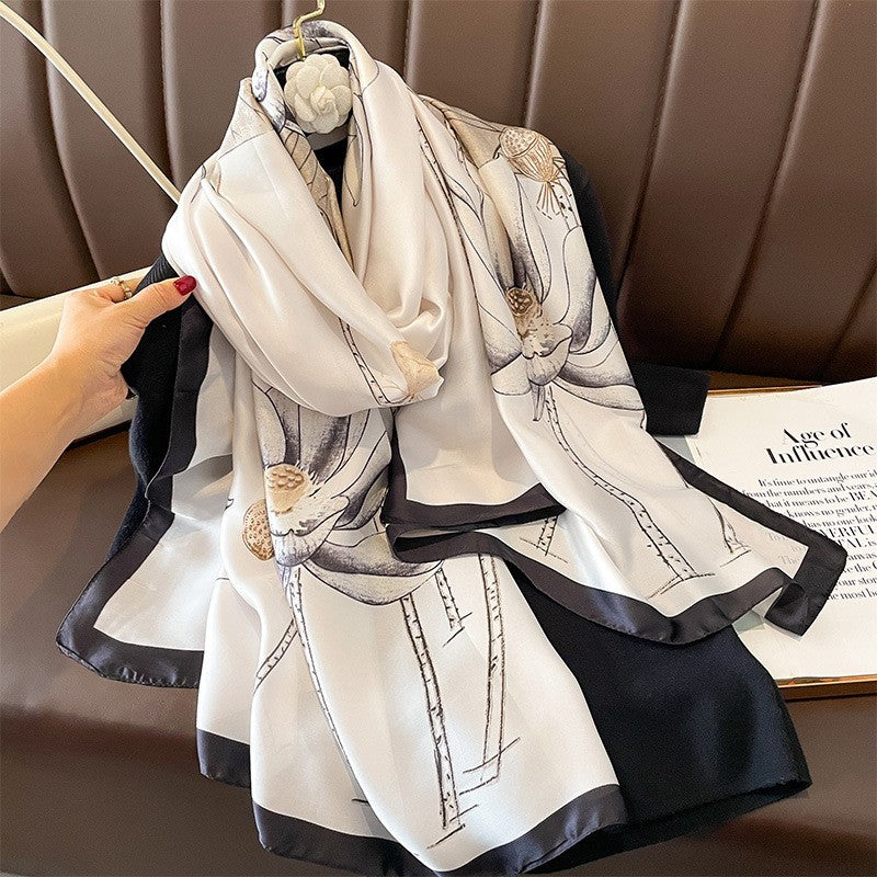 Luxury Floral Print Satin Silk Scarf
