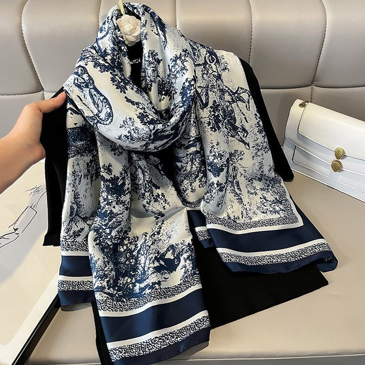 Luxury Floral Print Satin Silk Scarf