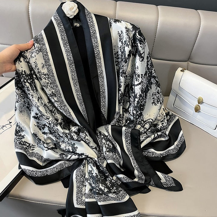 Luxury Floral Print Satin Silk Scarf