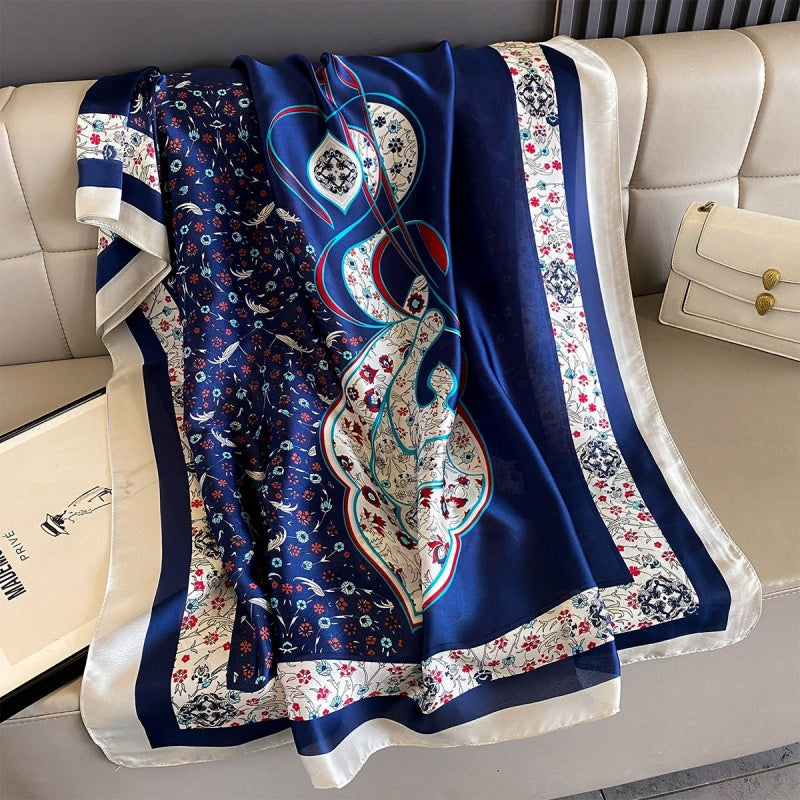 Luxury Floral Print Satin Silk Scarf