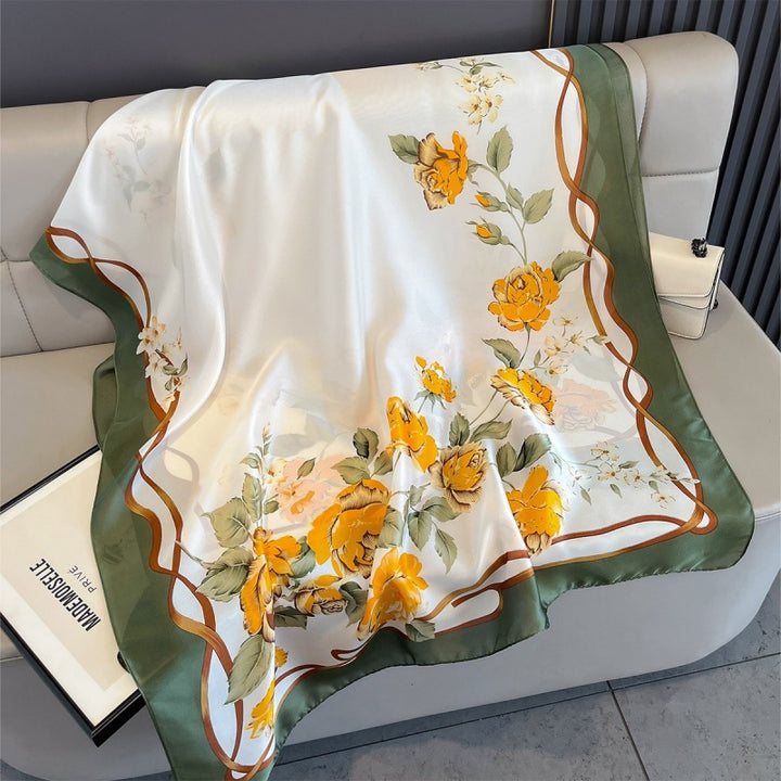 Luxury Floral Print Satin Silk Scarf
