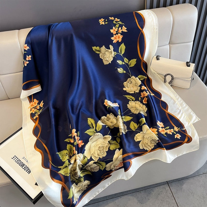 Luxury Floral Print Satin Silk Scarf