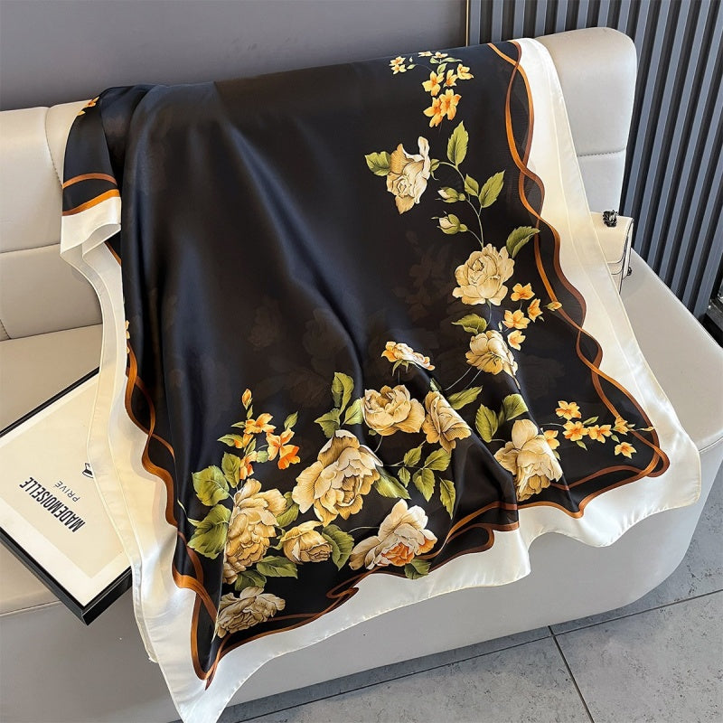Luxury Floral Print Satin Silk Scarf