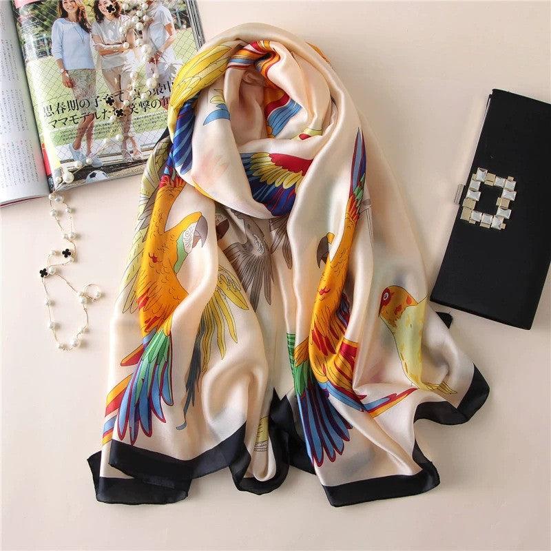 Luxury Floral Print Satin Silk Scarf