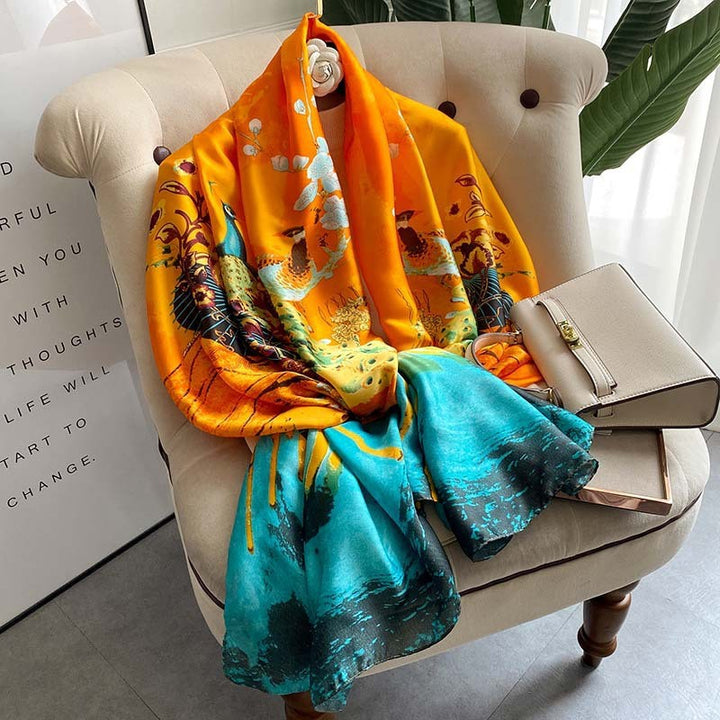 Luxury Floral Print Satin Silk Scarf