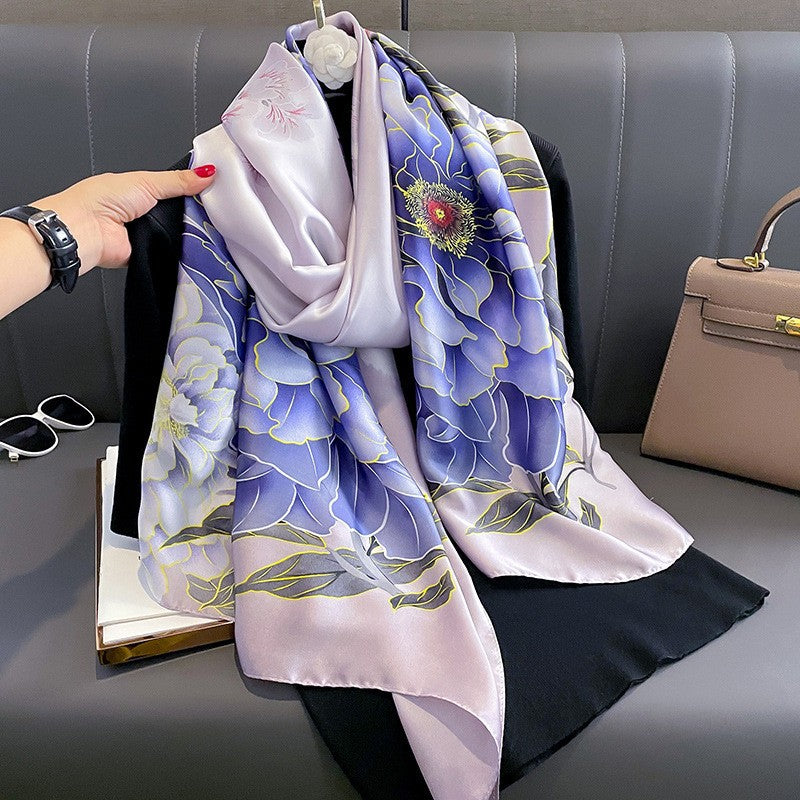 Luxury Floral Print Satin Silk Scarf