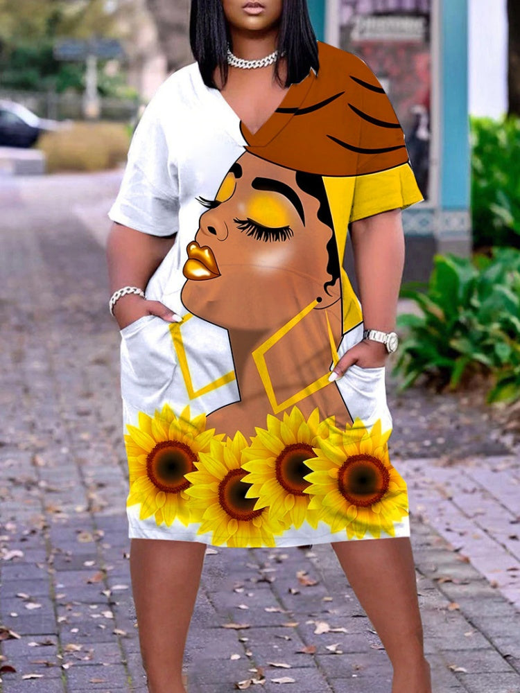 3D Art Portrait Print V-Neck Pocket T-Shirt Dress