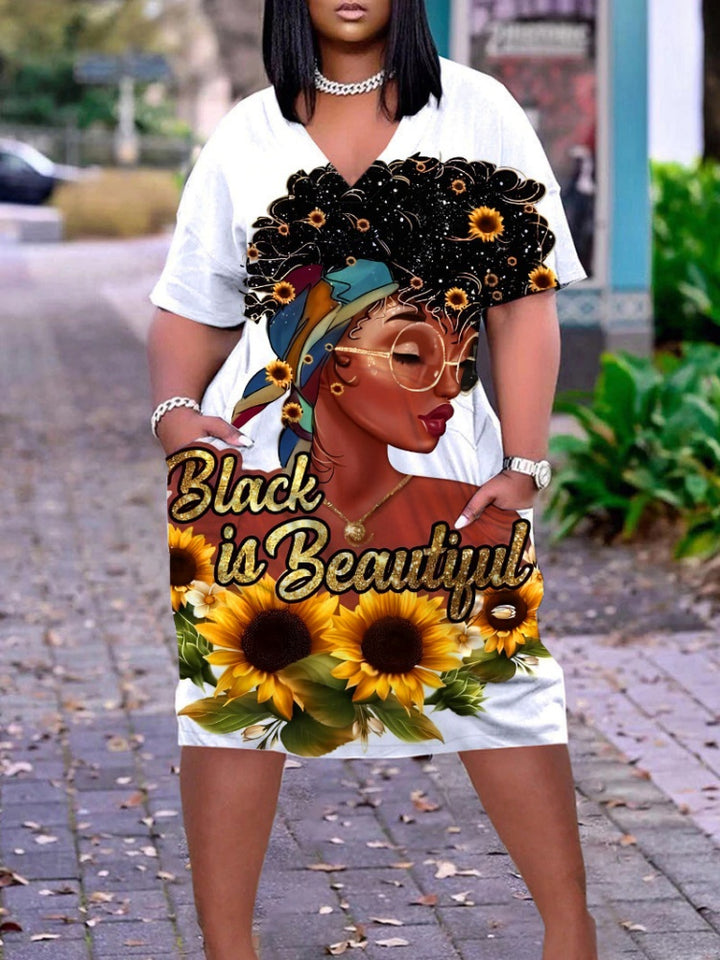 3D Art Portrait Print V-Neck Pocket T-Shirt Dress