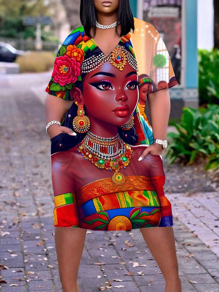 3D Art Portrait Print V-Neck Pocket T-Shirt Dress
