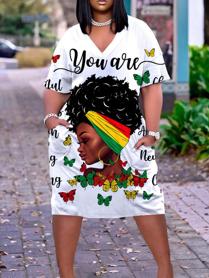 3D Art Portrait Print V-Neck Pocket T-Shirt Dress