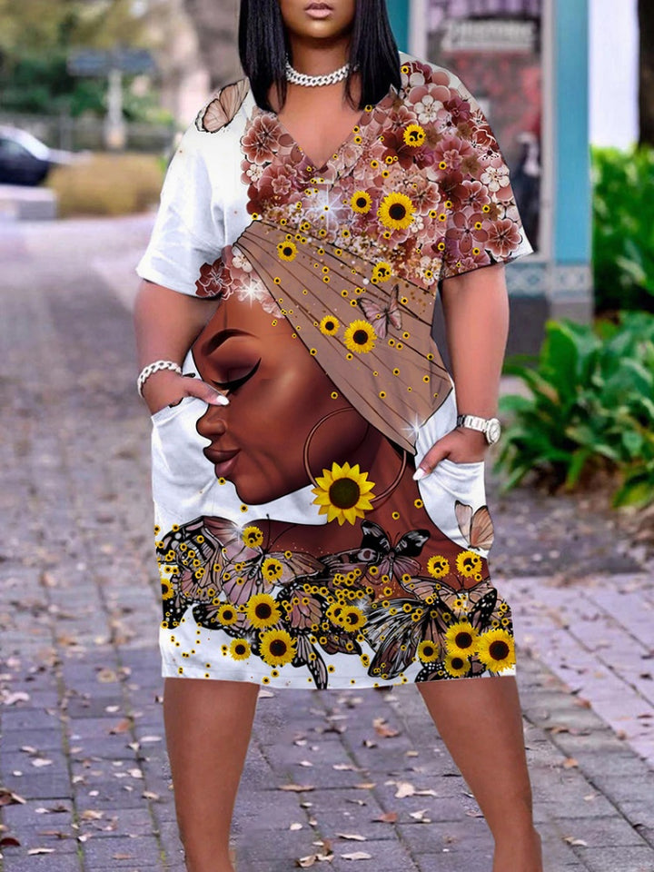 3D Art Portrait Print V-Neck Pocket T-Shirt Dress
