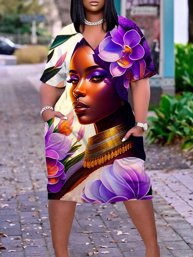 3D Art Portrait Print V-Neck Pocket T-Shirt Dress