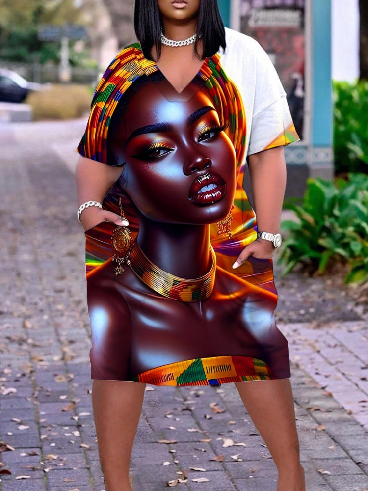 3D Art Portrait Print V-Neck Pocket T-Shirt Dress