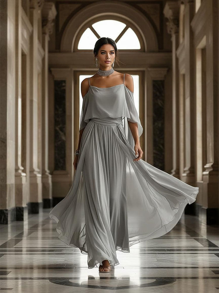 A halter-neck off-shoulder top and asymmetrical wide-leg pants set