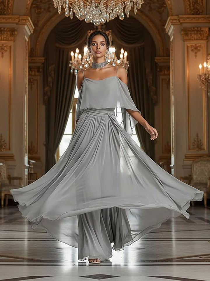 A halter-neck off-shoulder top and asymmetrical wide-leg pants set