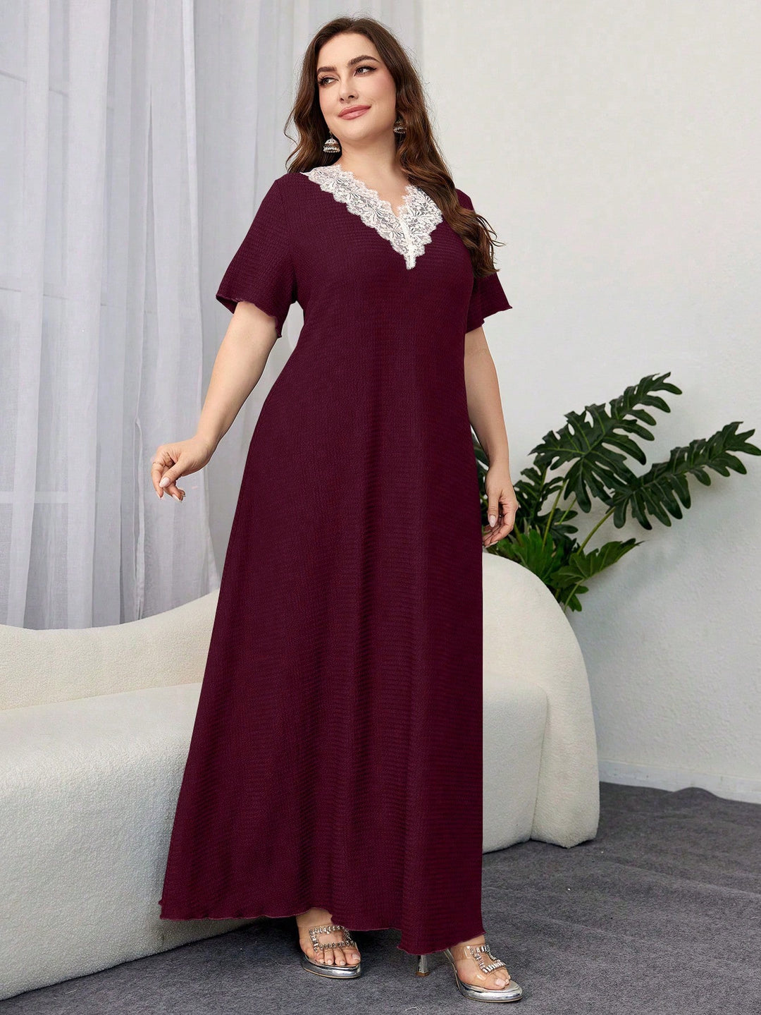 Lace V-neck Simple Solid Color A-line Dress