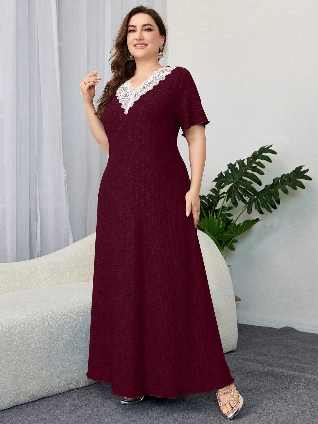 Lace V-neck Simple Solid Color A-line Dress