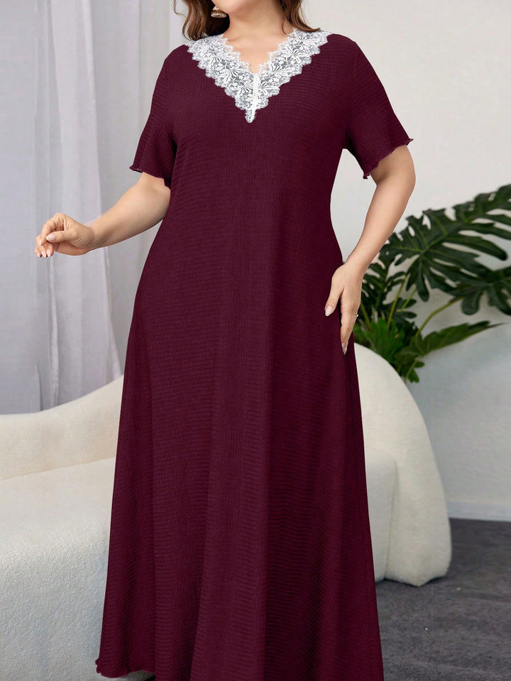 Lace V-neck Simple Solid Color A-line Dress
