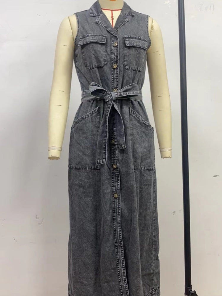 Sleeveless Button-Front Denim Maxi Dress