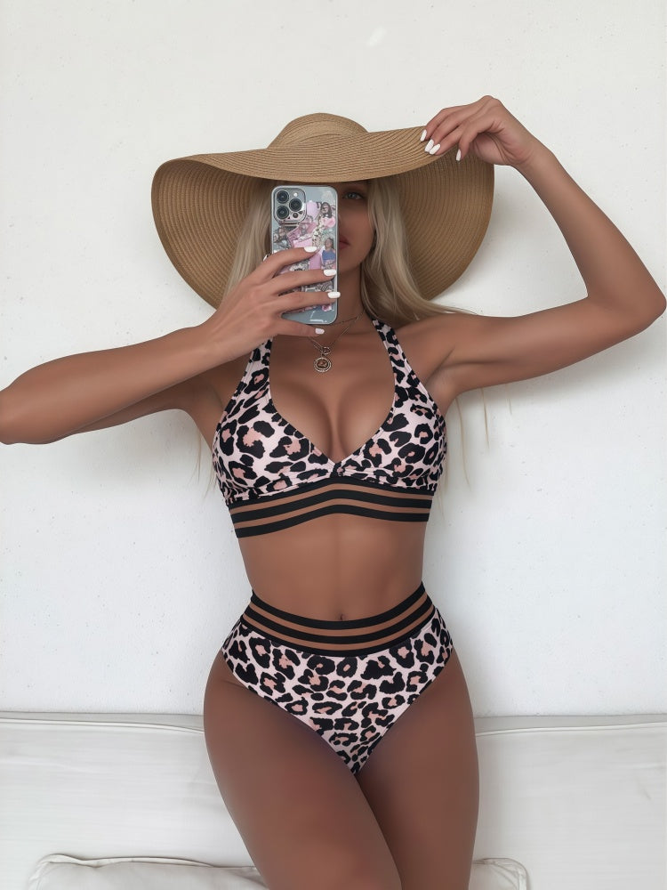 Leopard Print High-Waist Bikini Set – Sexy Halter Swimwear with Mesh Waist