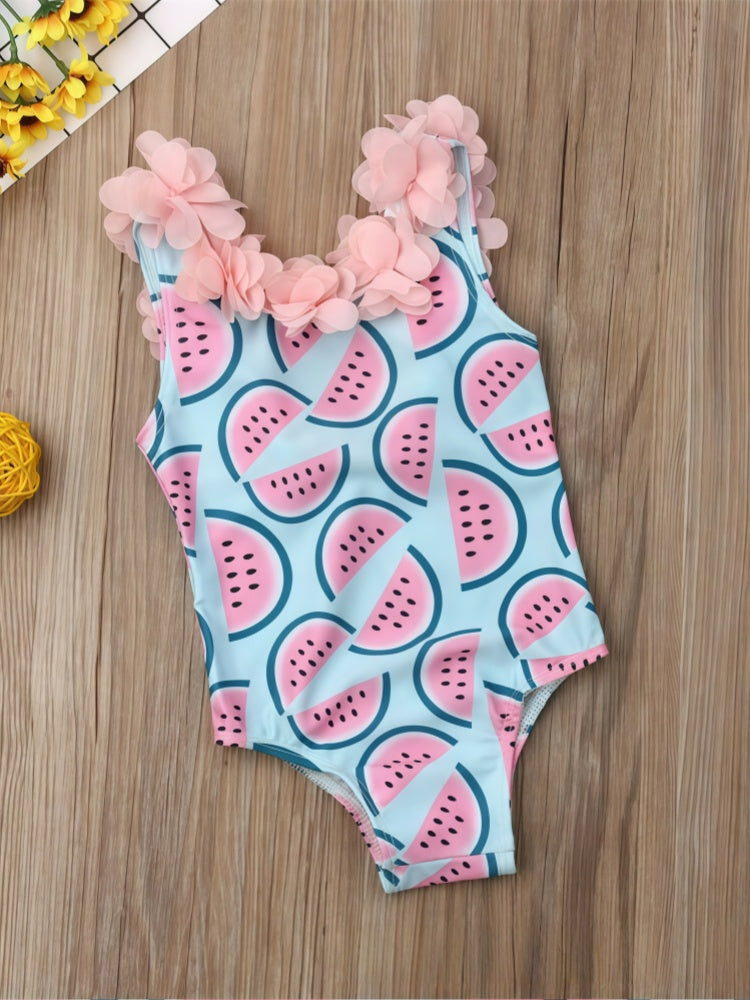 Baby Girls Cute One-Piece Swimsuit – Watermelon Print with 3D Ruffle Straps