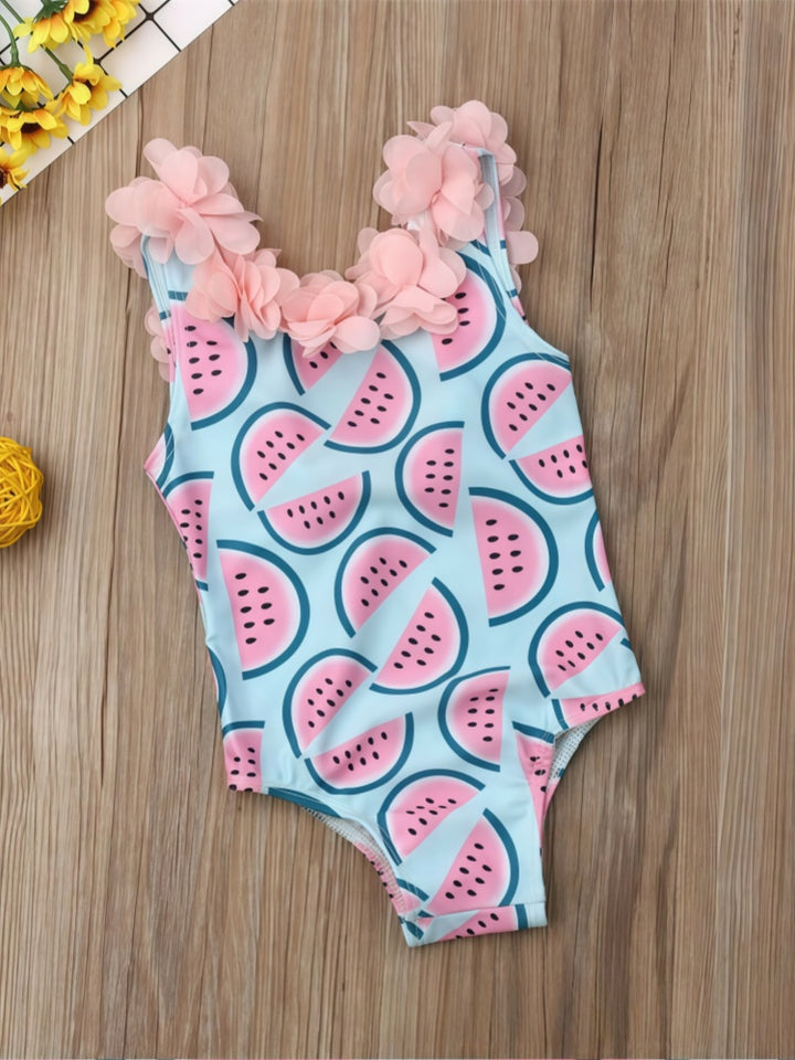 Baby Girls Cute One-Piece Swimsuit – Watermelon Print with 3D Ruffle Straps