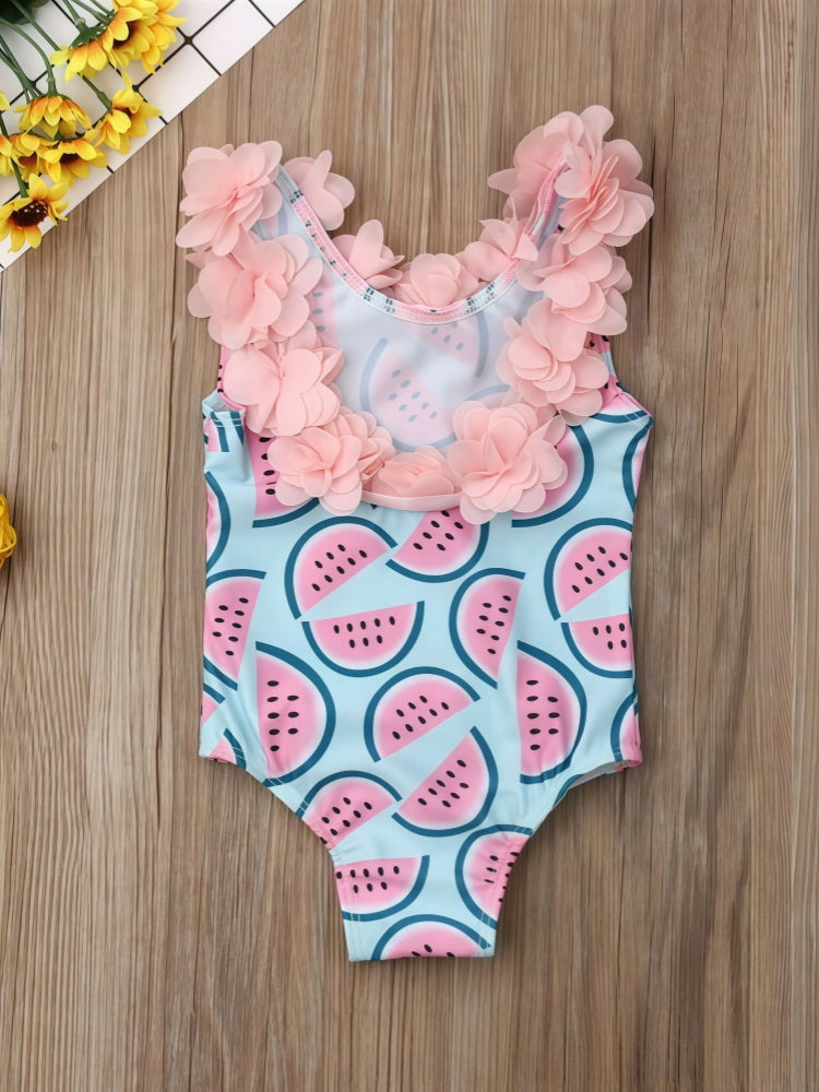 Baby Girls Cute One-Piece Swimsuit – Watermelon Print with 3D Ruffle Straps